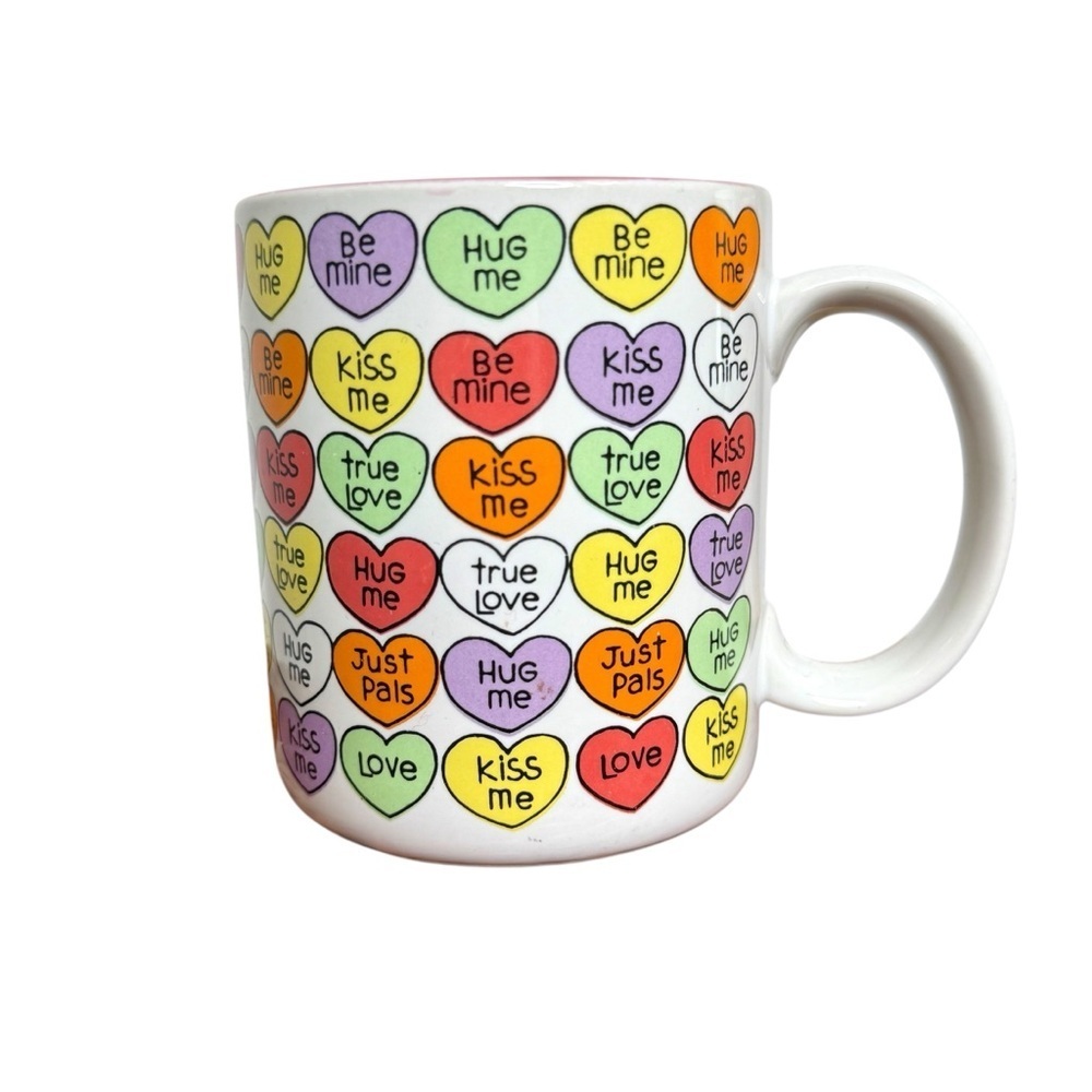 Vintage 1986 Chris Davenport Enesco Conversation Hearts Coffee Mug Pink Interior - Picture 5 of 16